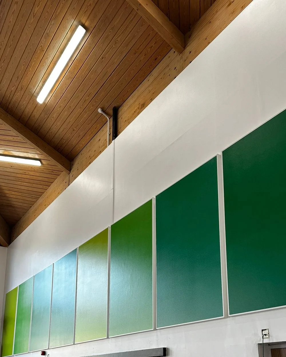 Eco-PET acoustic wall panels graded from lime to deep green along a school hall wall, under a timber vaulted roof