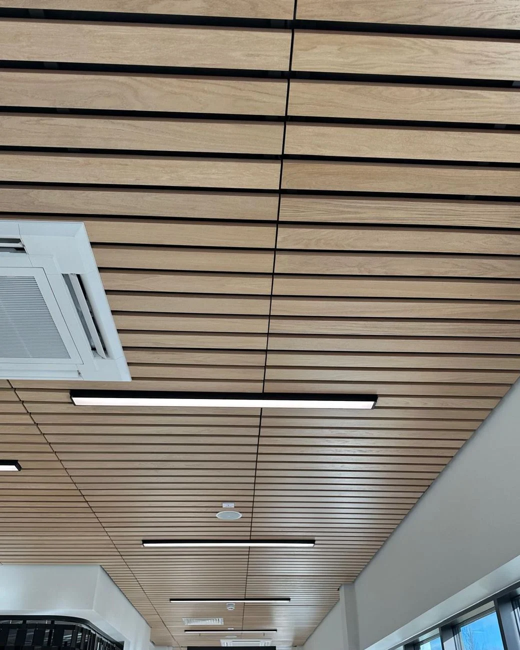 Linear timber slat ceiling with long light fittings running down a corridor at Splashes Leisure Centre