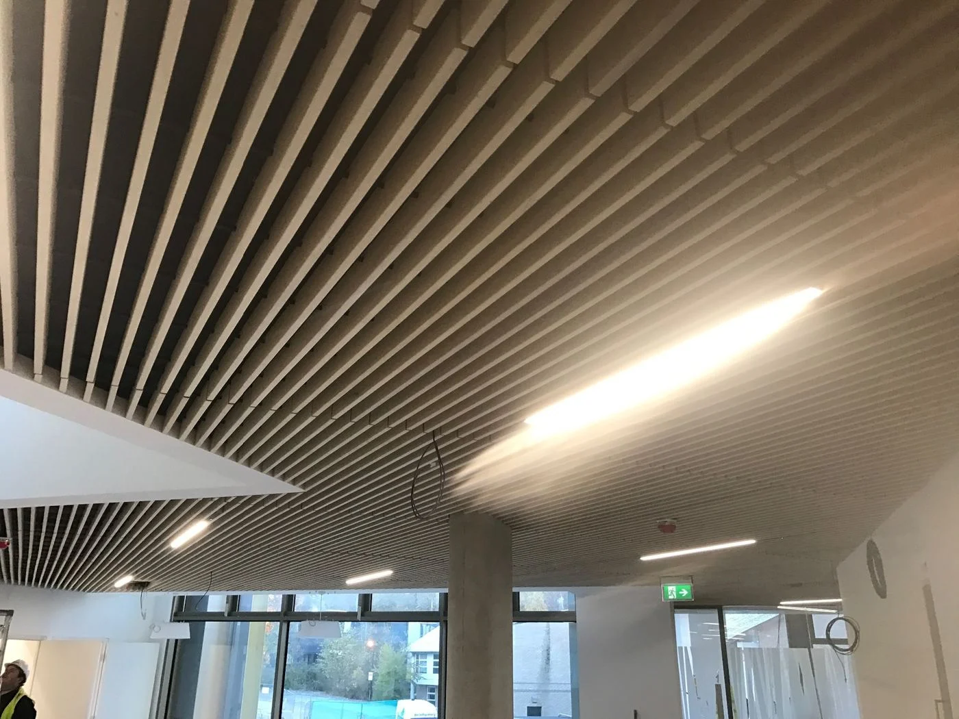 Timber baffle ceiling over an open study space at the University of Kent